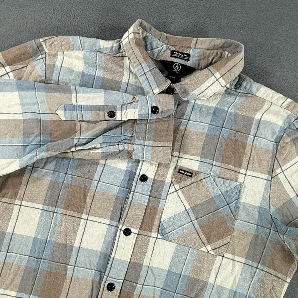 Volcom Shirt Mens XL Brown Blue Plaid Flannel Long Sleeve Button Up Modern Fit